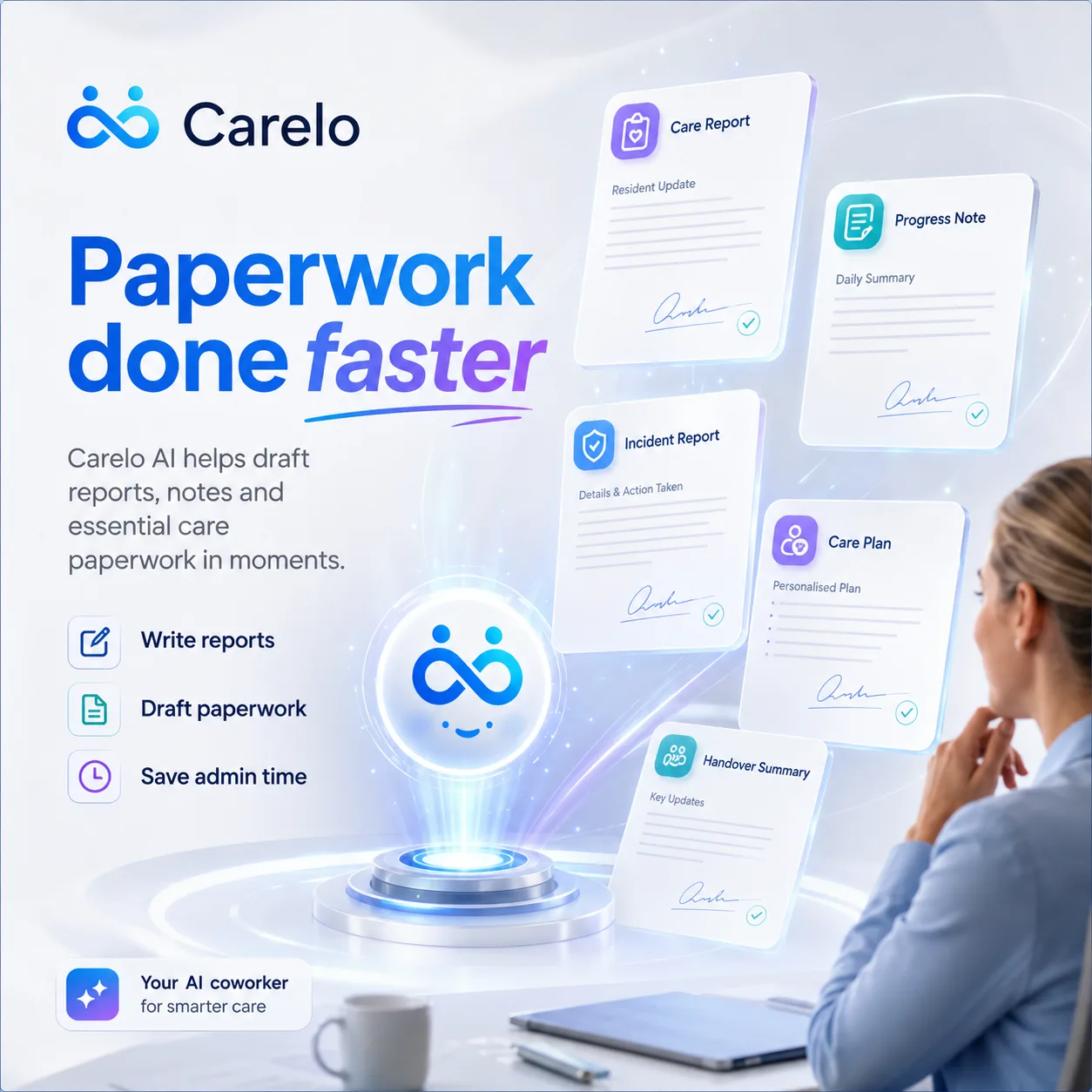 Carelo AI drafting care reports, progress notes, incident reports, care plans and handover summaries