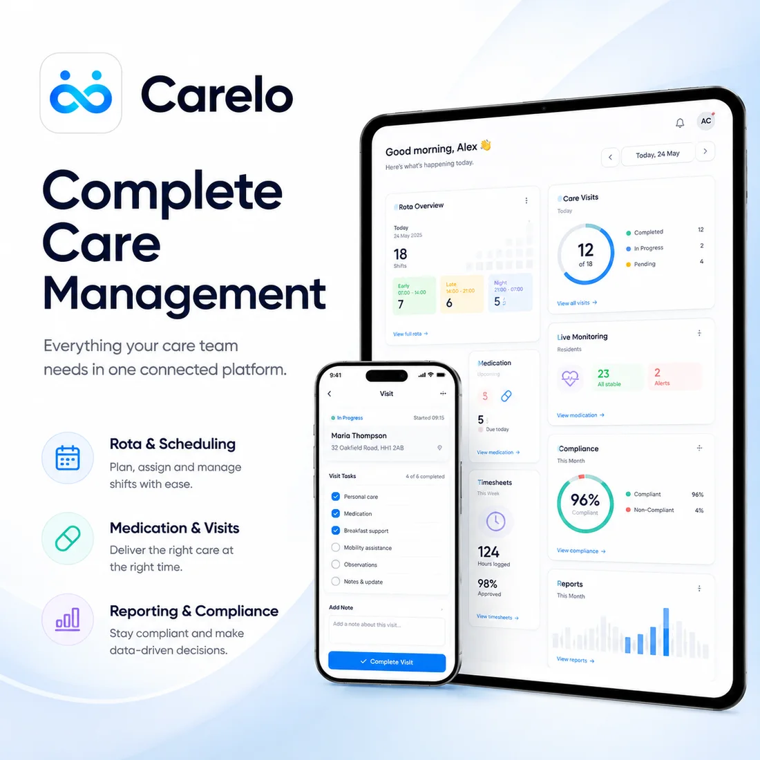 Complete care management — the Carelo platform behind both apps