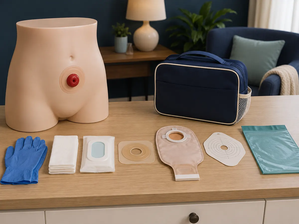 Every piece of a stoma change laid out in advance — nothing to search for once the task begins.