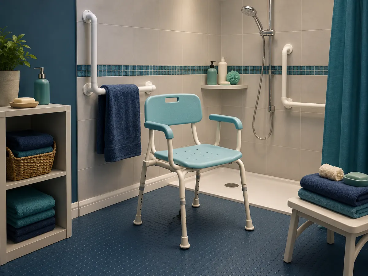 Grab rails at standing and reaching height, and a shower chair set to the right height before anyone sits down.