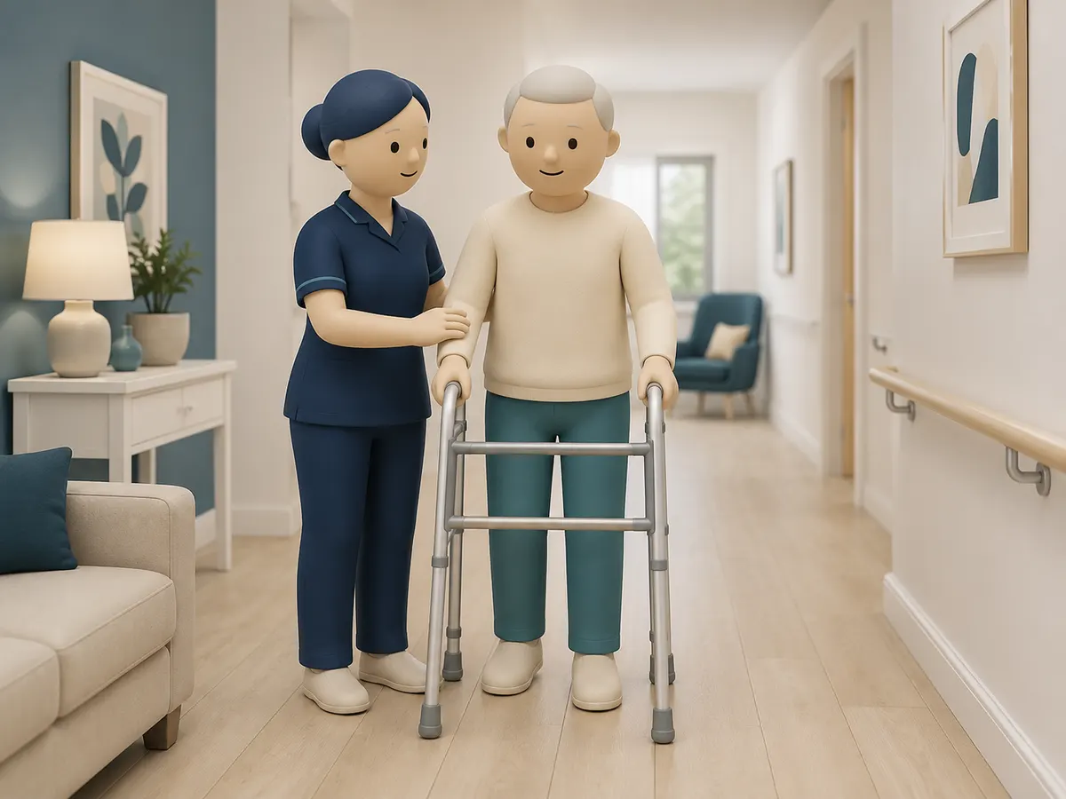 A carer walks alongside, not in front, letting the frame — and the person — set the pace.