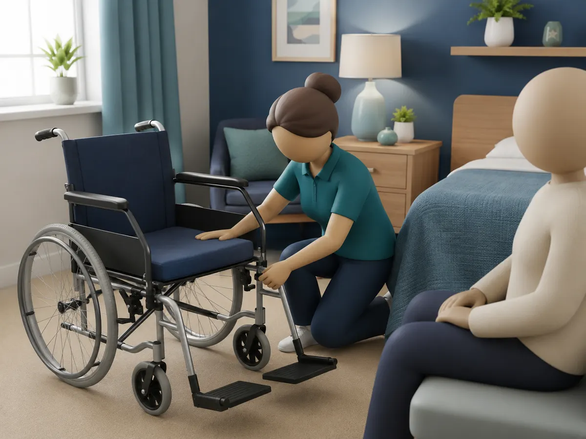 Brakes locked, footplates cleared — a wheelchair made ready before the transfer, not during it.