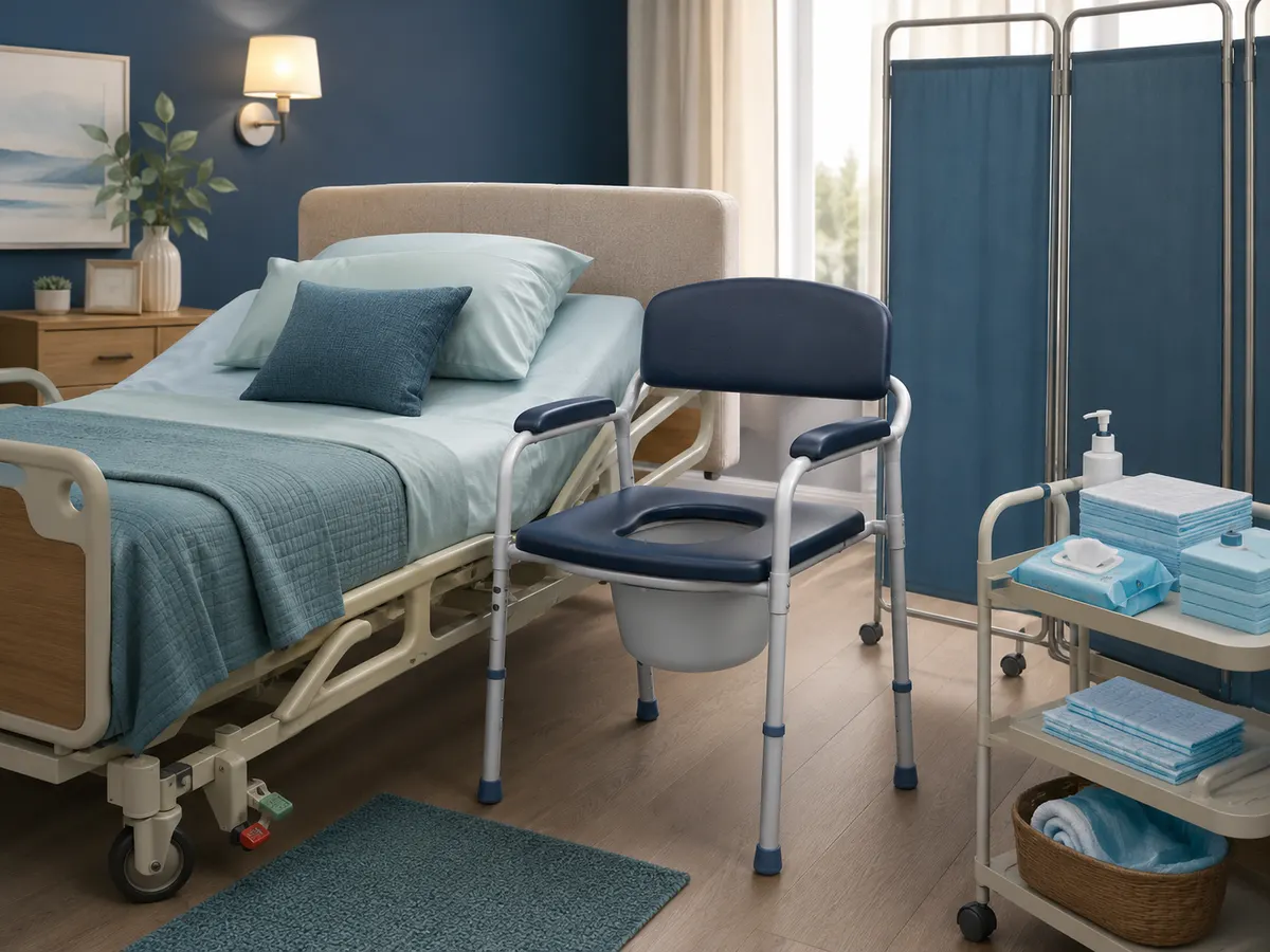 A commode positioned for the shortest transfer, with wipes and towels close by on the supplies trolley.