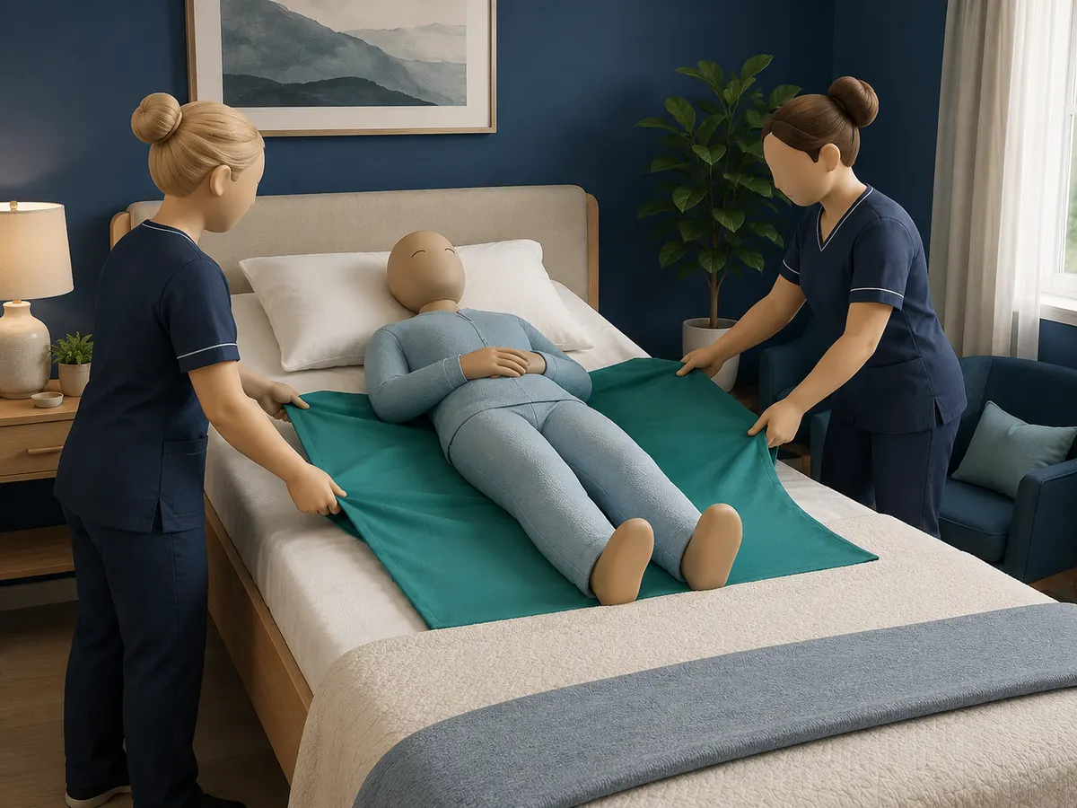 A slide sheet lets two carers reposition someone in bed without a single drag against the skin.