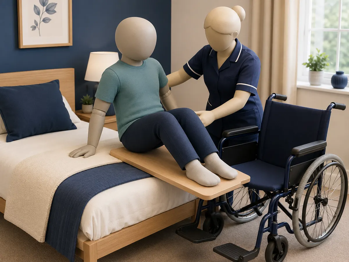 A transfer board bridges bed and wheelchair, so the person can slide across in small, controlled shifts.