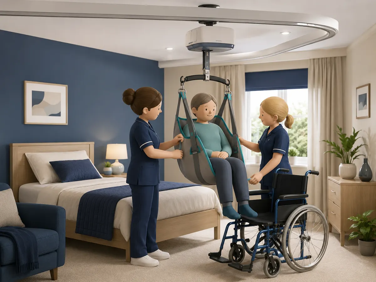 A ceiling track hoist runs along a fixed rail, leaving the floor clear for both carers to focus on the person.