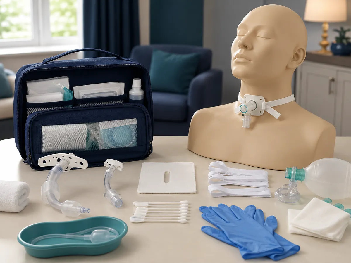 A complete tracheostomy kit — spare fittings, dressings, ties, and emergency equipment, all checked before starting.