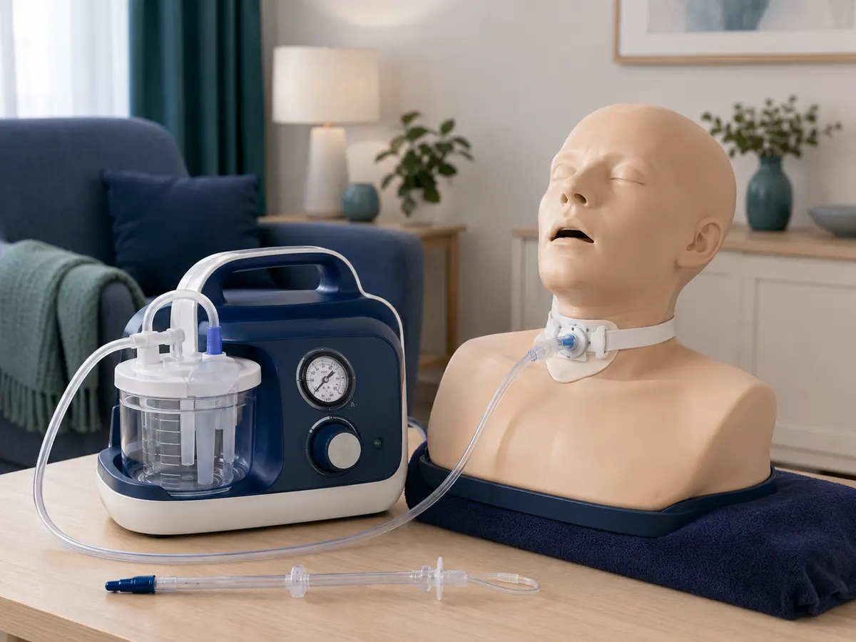 A portable suction unit, its canister and tubing kept clean and ready between uses.