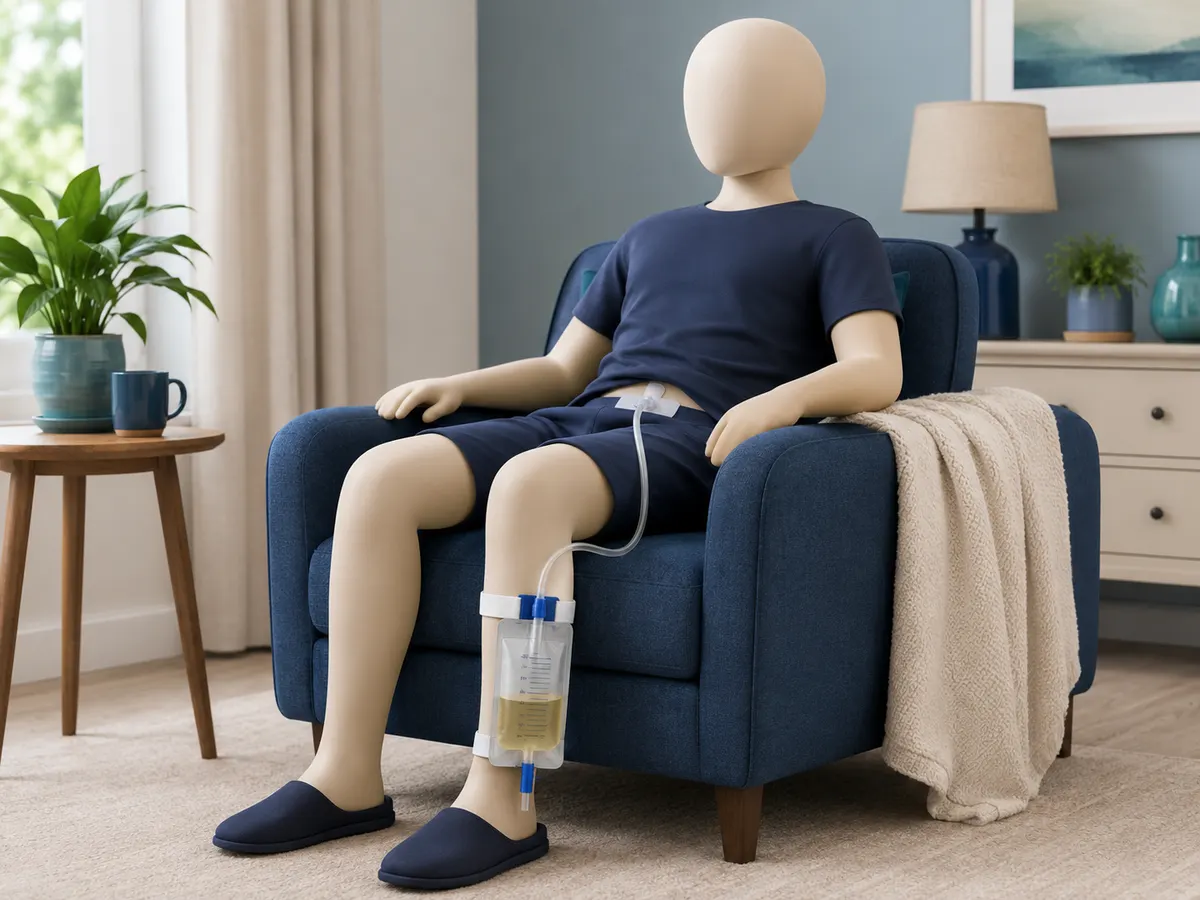 A leg bag worn beneath everyday clothing, tucked out of sight for an ordinary afternoon.