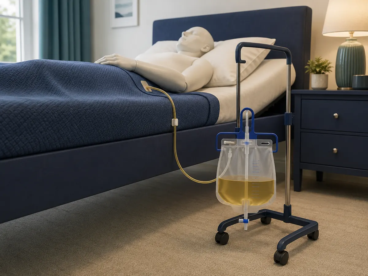 A larger bag on its own wheeled stand, kept below mattress height for an undisturbed night.