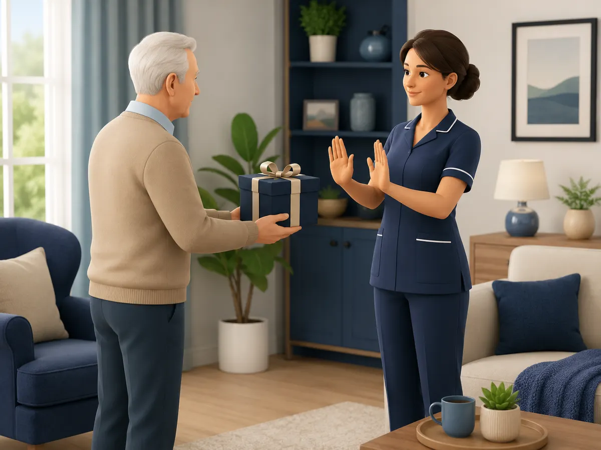 A gift can be declined warmly — a soft gesture, a genuine smile, and a clear explanation that it's the policy, not the kindness behind it, that's being turned down.