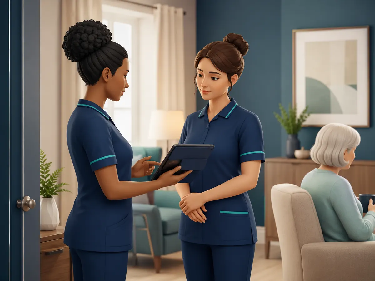 Handovers between carers — precise about what's changed, considerate of who else is in the room — are one of the ways two carers working with the same person stay properly coordinated.