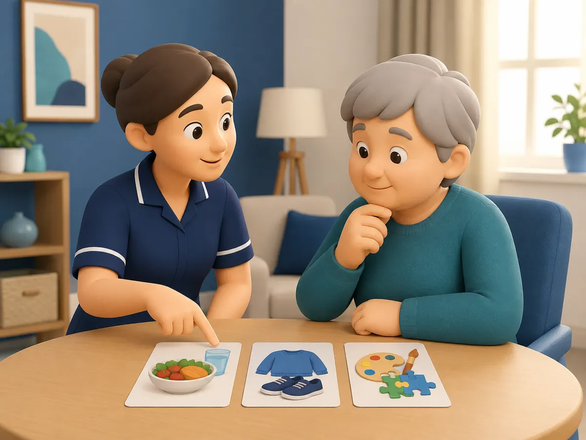 Simple picture cards turn a big, wordy question into a choice someone can point to with confidence — a small tool that protects real say over daily decisions.