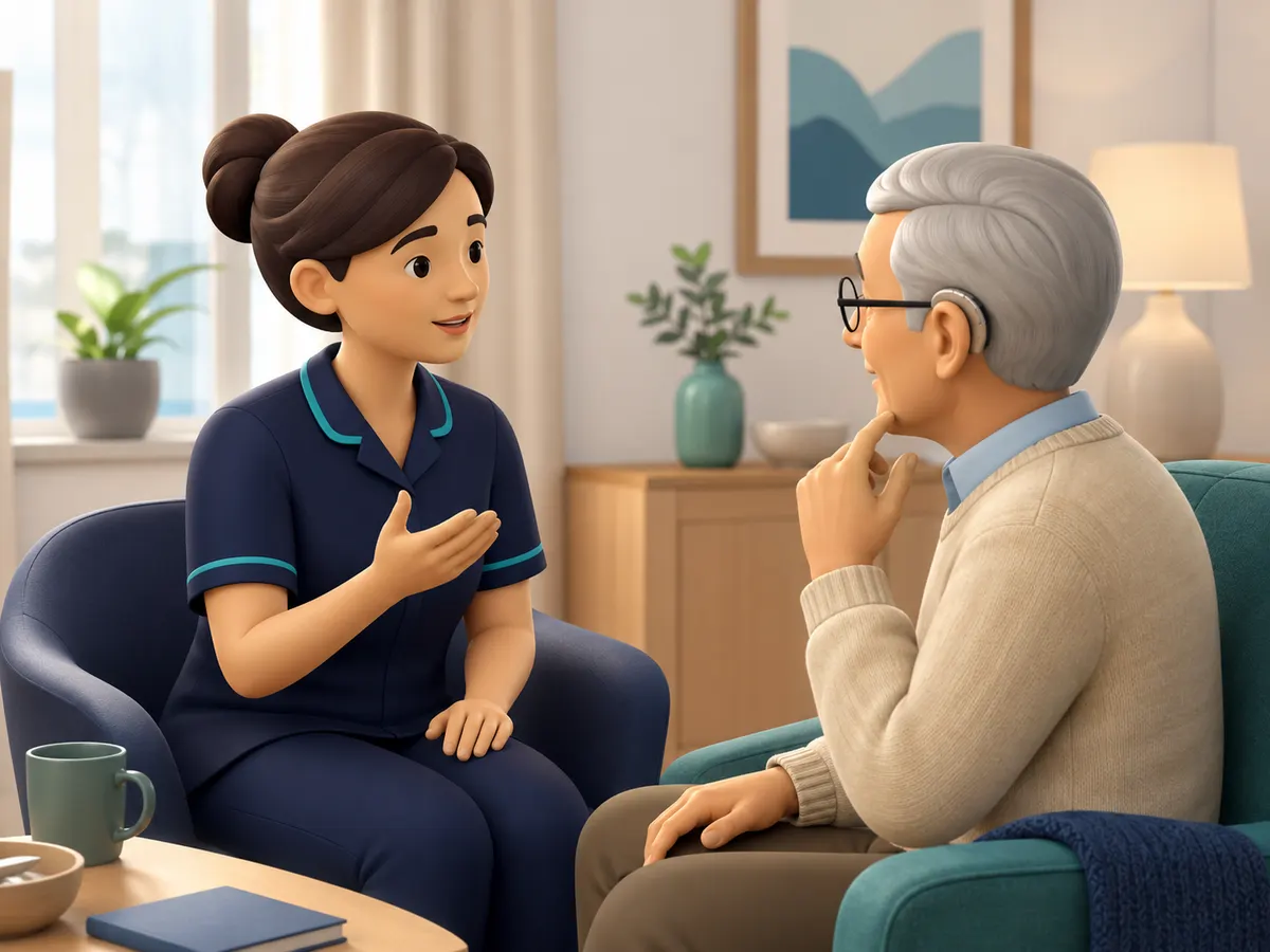 Facing someone directly so they can see your face, and speaking a little more clearly rather than louder, is what actually helps a conversation work well for someone with hearing loss.