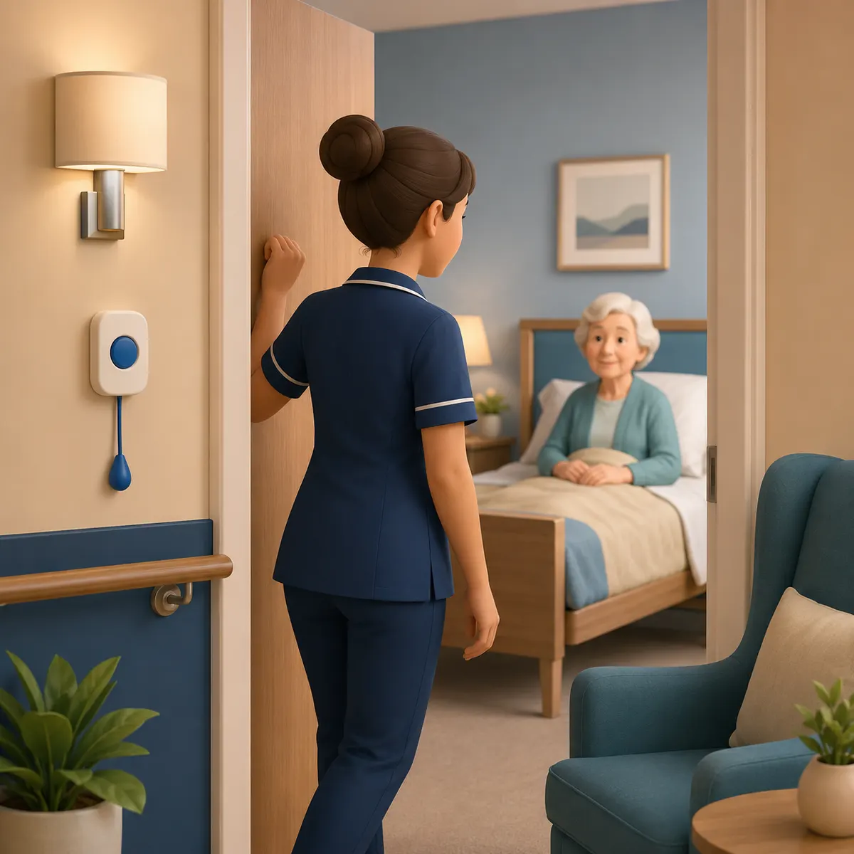 A carer pauses at the door before anything else — checking colour, alertness, and that the call alarm is within easy reach.
