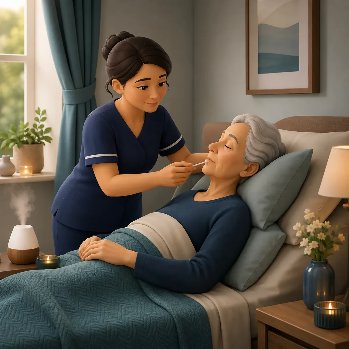 A soft swab, used slowly rather than dabbed — comfort delivered in the smallest, easily overlooked gestures.
