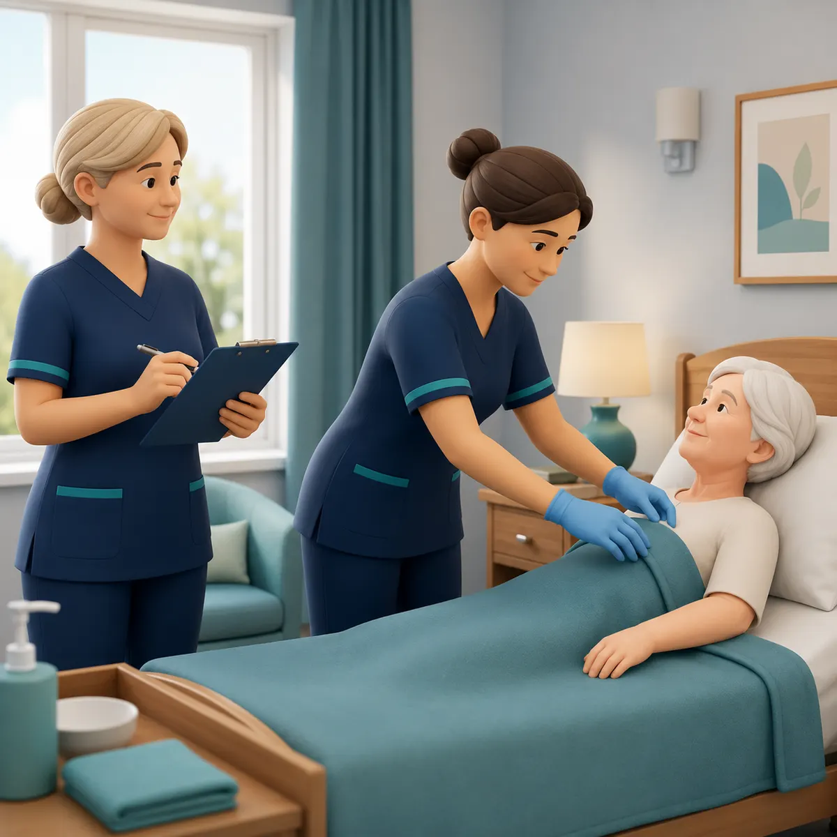 One carer checks the skin while the other records it in plain terms — nothing observed is left to memory.