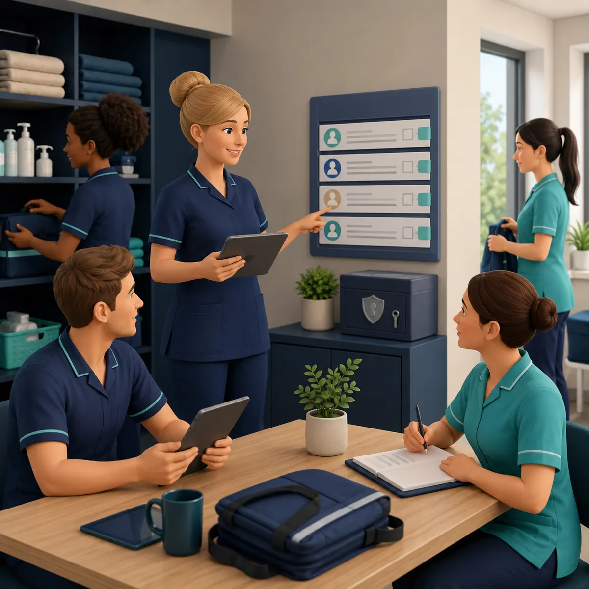 Complex care is planned before the front door ever opens — a team checking each visit's kit and specific needs together.