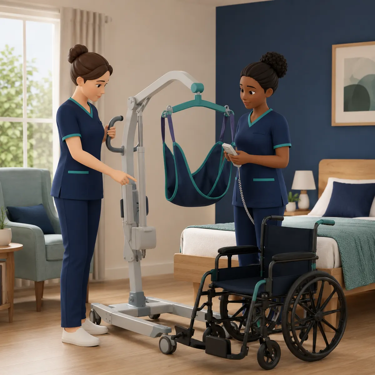 Two carers check the hoist and sling together, out loud, before anyone is moved.