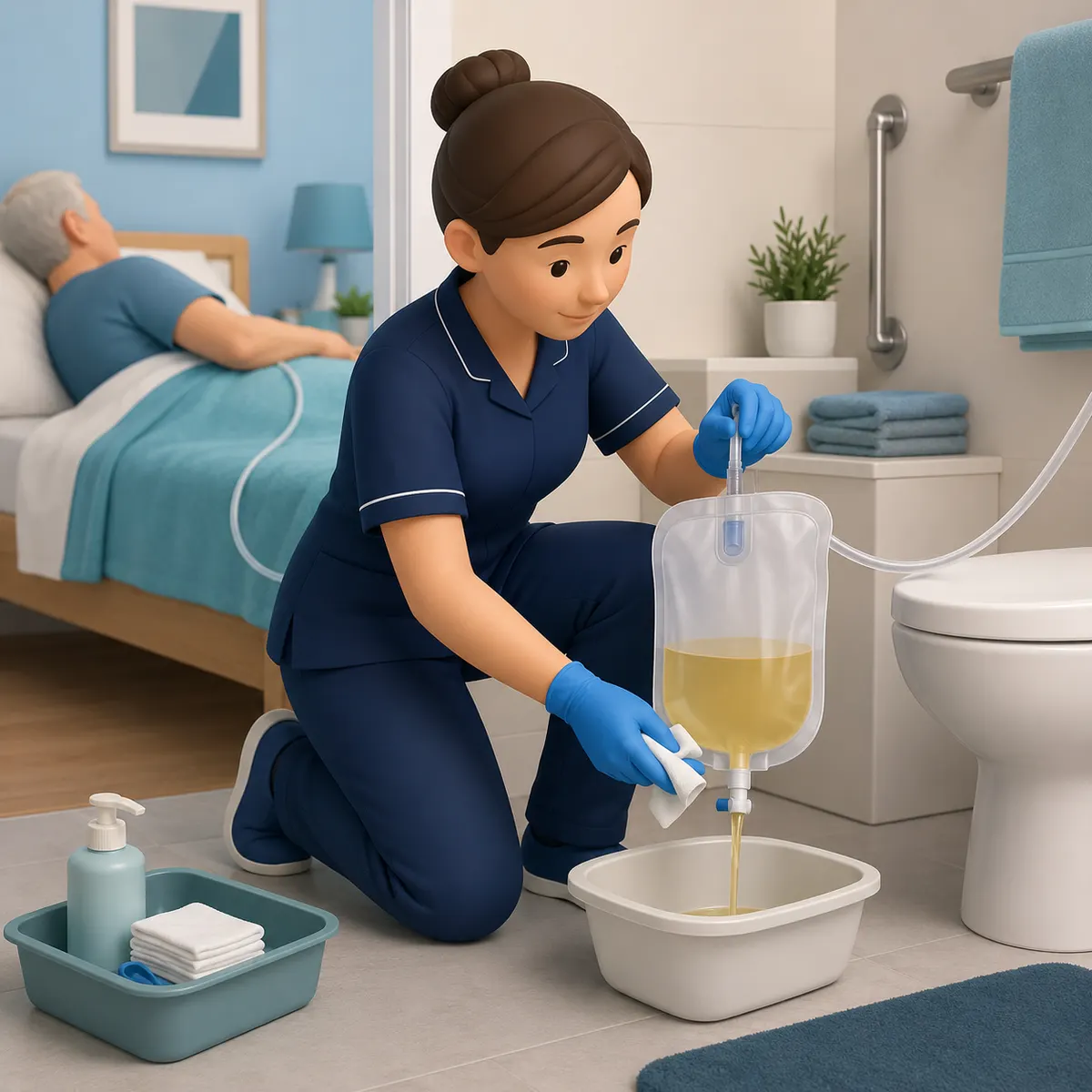 Emptying is moved out of the bedroom, done kneeling and unhurried, with the connecting tube kept clear of the floor.