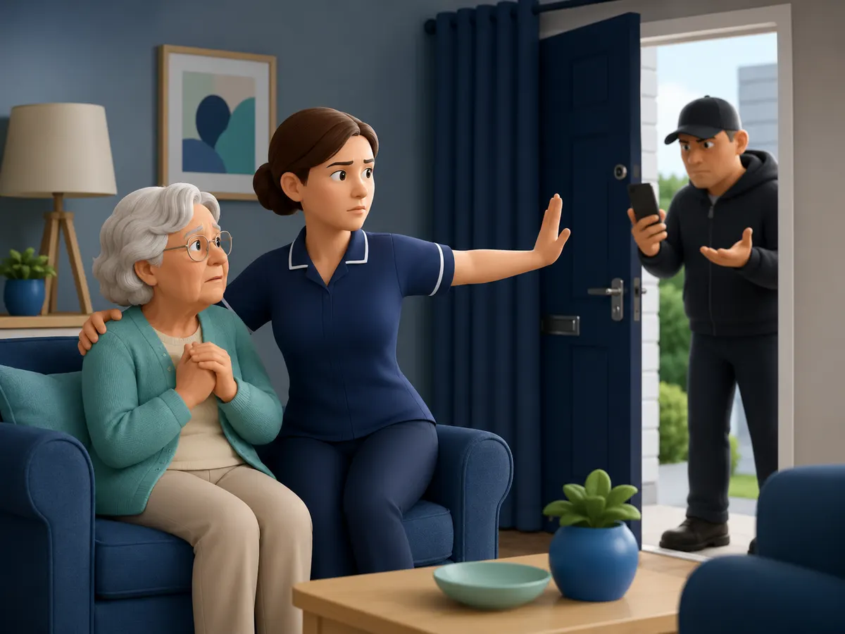 A carer holds a calm, firm line with an unexpected caller at the door, while the client stays safely inside — nobody is left alone with a stranger, and nothing is signed or agreed on the spot.