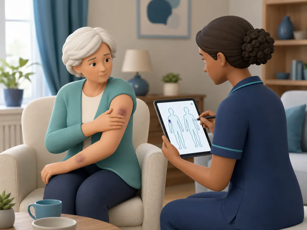 An unexplained bruise is marked accurately on a body map — its exact location, size and colour recorded, without pressing for an explanation that isn't offered freely.