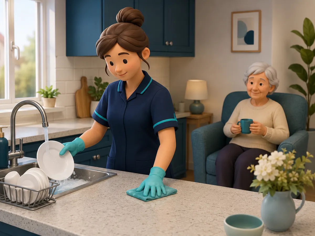 Washing up alongside someone, rather than for them while they wait, keeps a kitchen doing its job as theirs — not a room a carer has simply taken over.