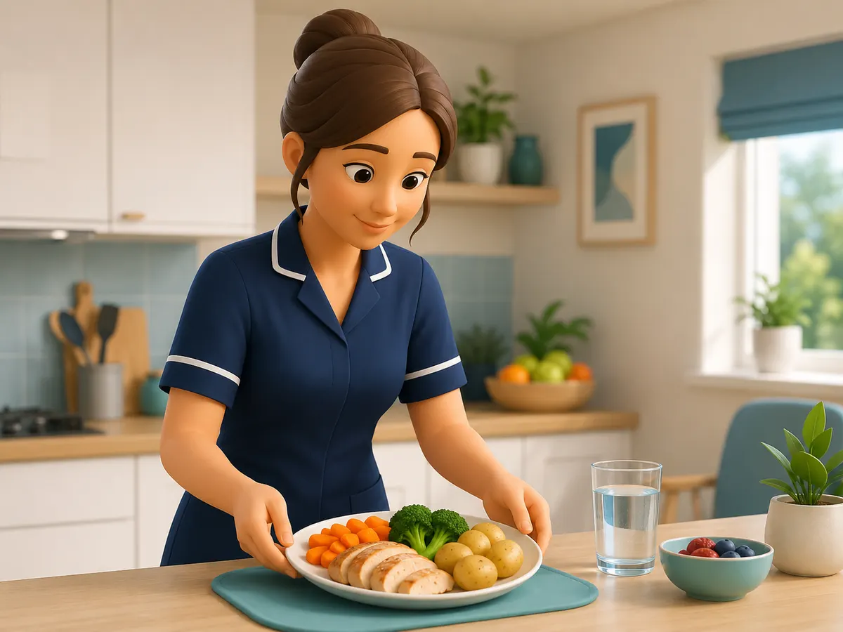 A plate of chicken, potatoes and vegetables is arranged with each food kept distinct, a full glass of water waiting alongside.