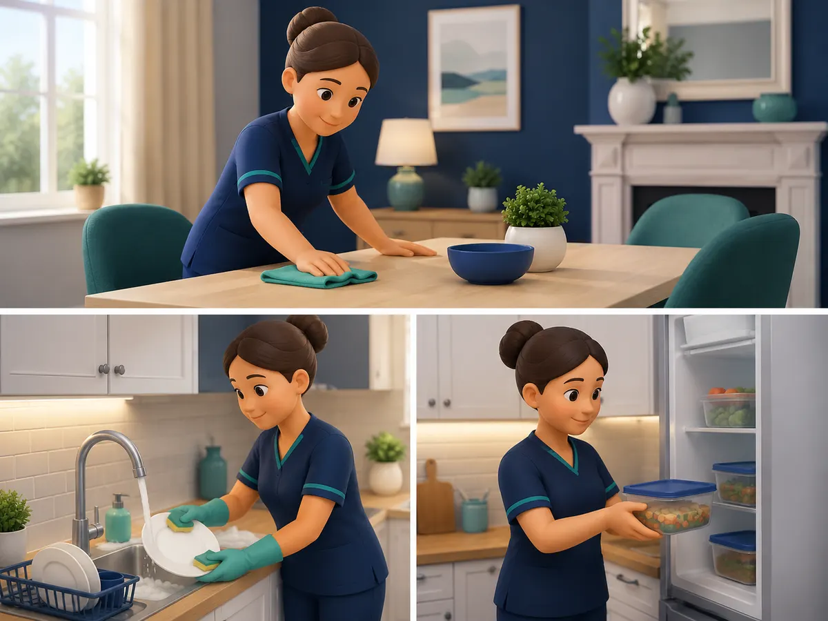 The table is wiped before food is served, dishes are washed at the sink in gloves, and a labelled, dated container goes into the fridge — a kitchen left exactly as it was found, only cleaner.