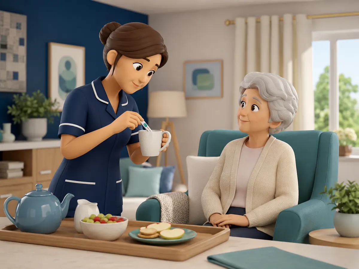A hot drink is checked carefully before it's handed over, with a tray of bite-sized fruit and biscuits ready alongside.