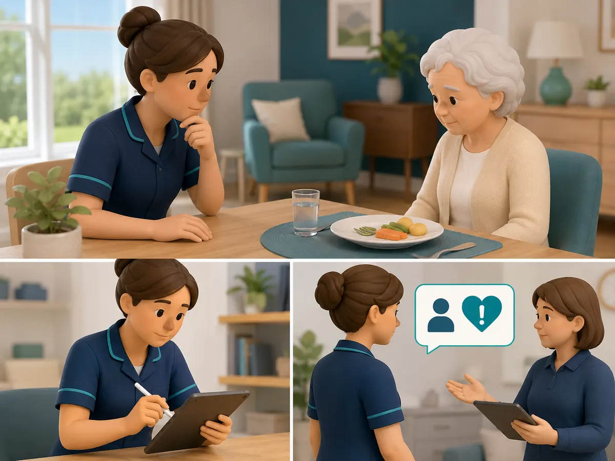 The carer records what was actually eaten on a tablet, then passes on a concern to a colleague the same day.