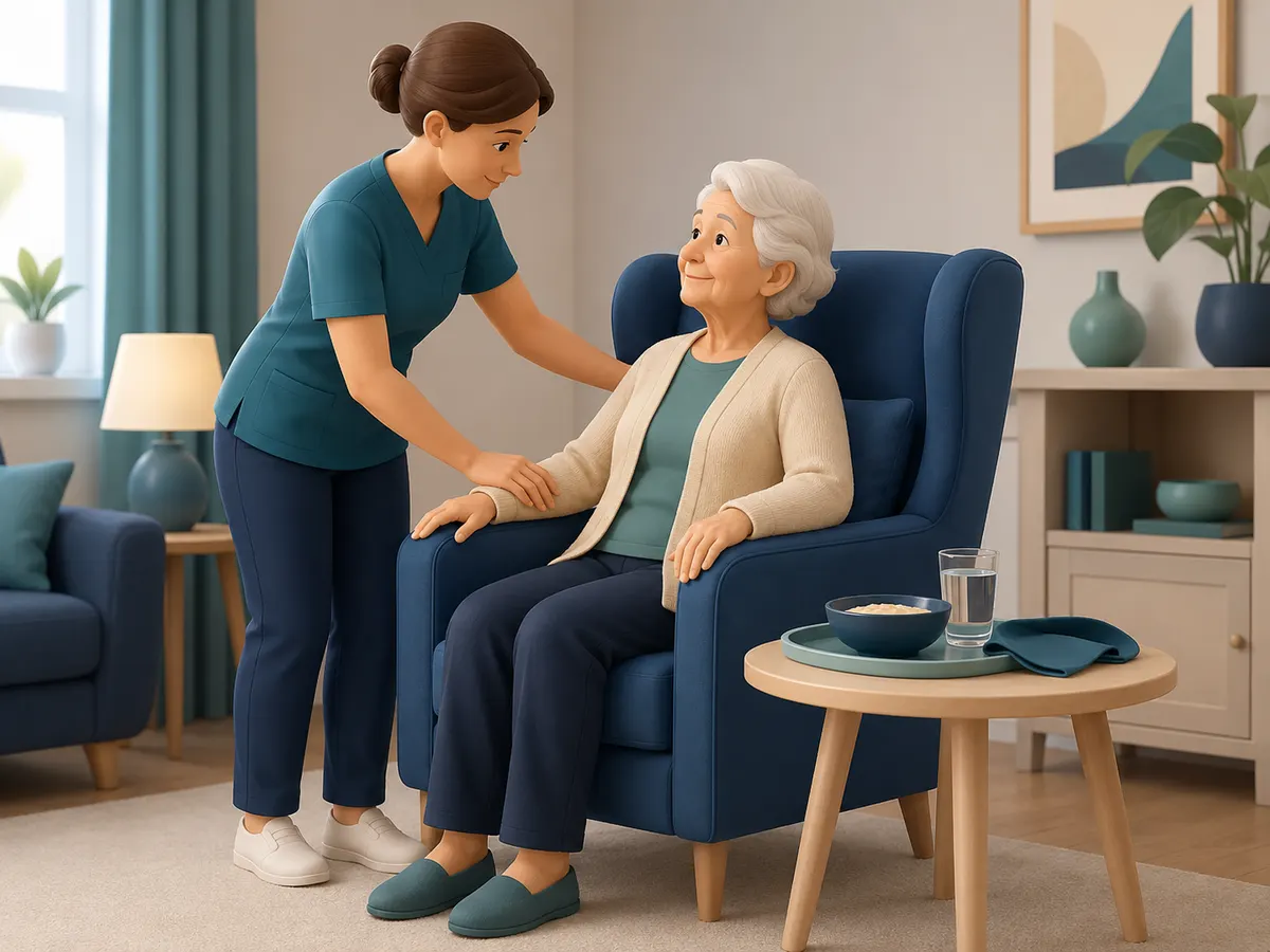 Before food is offered, the client is guided to sit fully upright and settled in the chair.