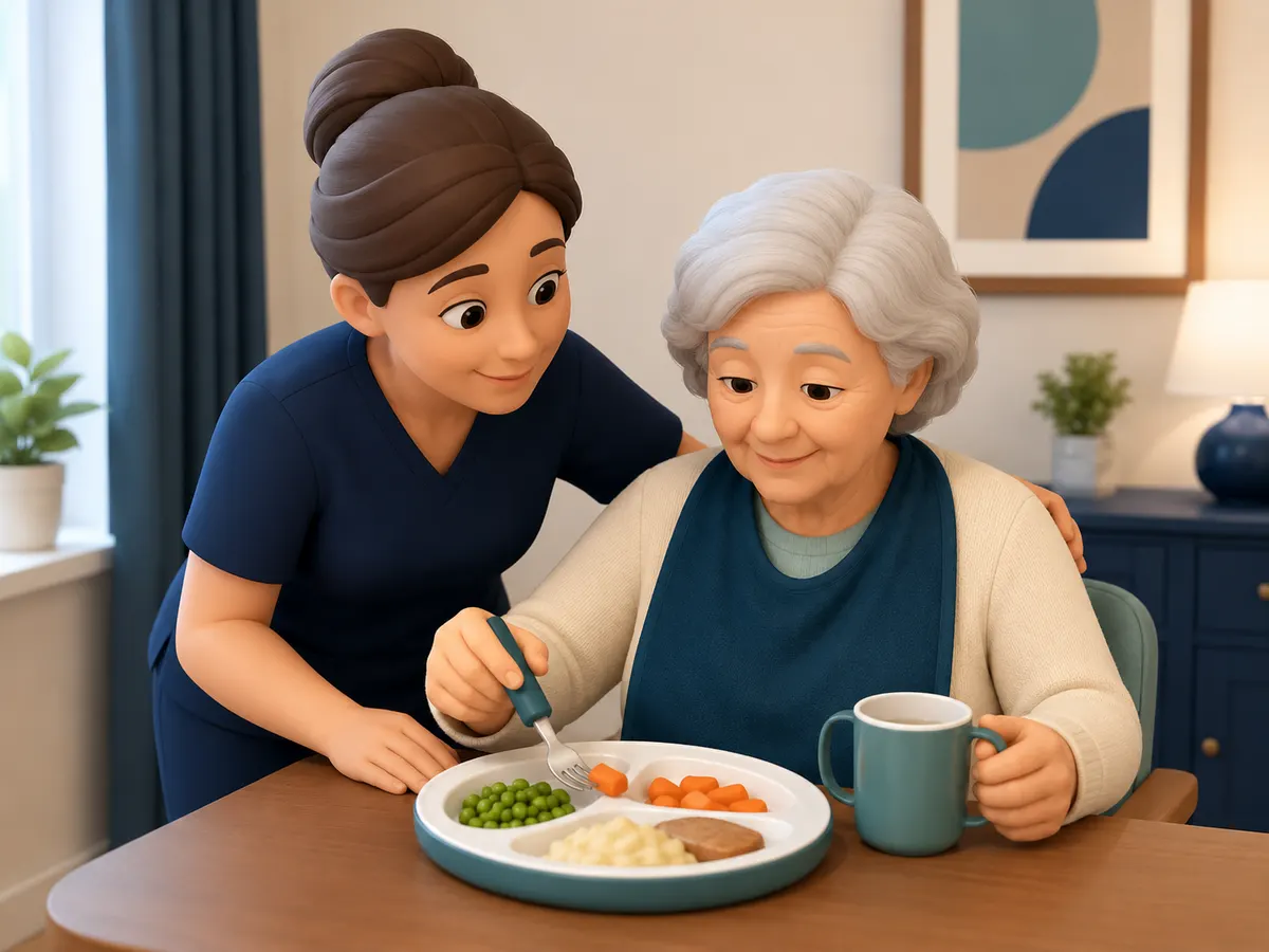 Sitting close with an arm resting gently around the shoulders, the carer offers a forkful and waits for it to be ready.