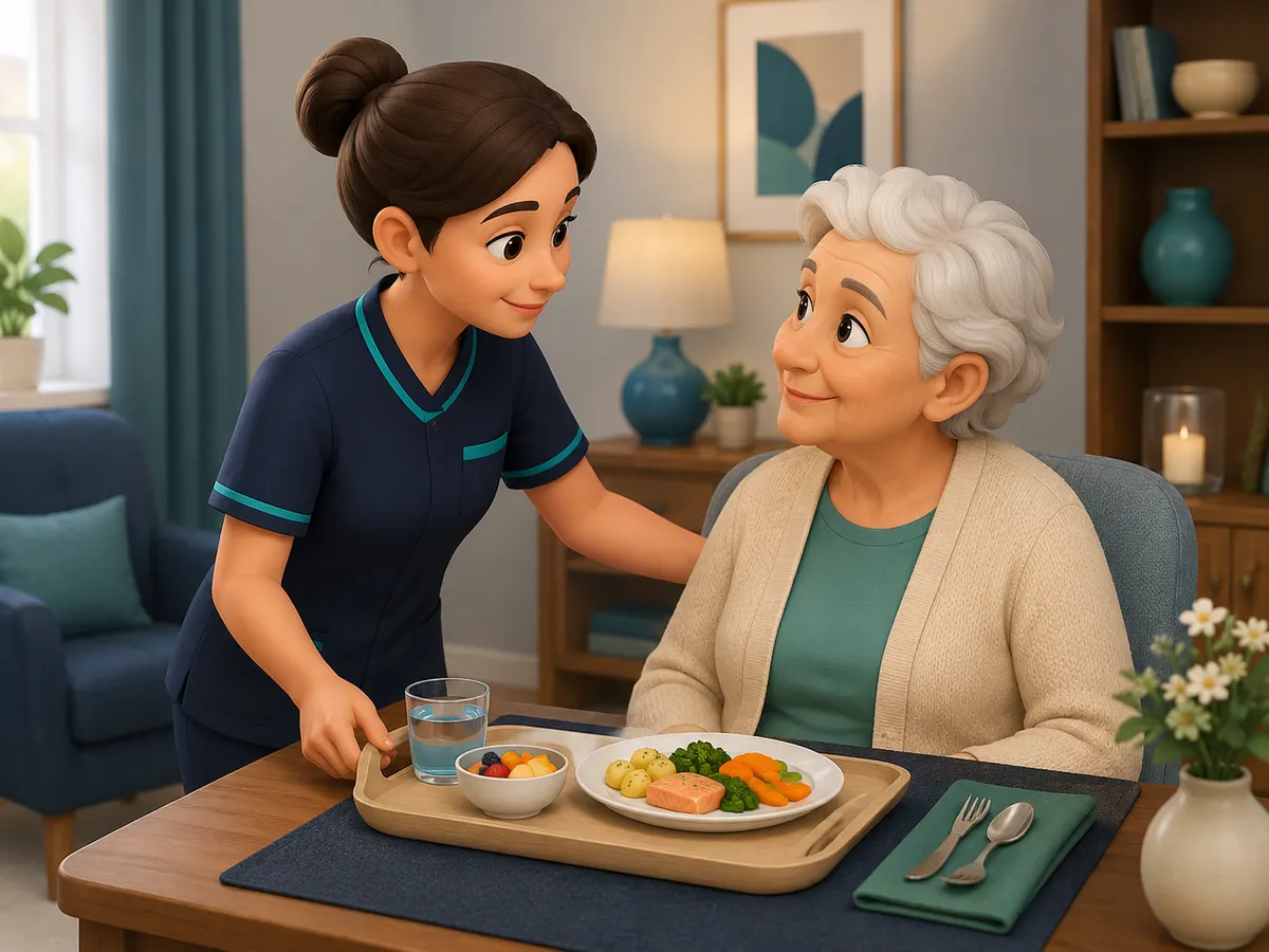 The carer pauses with the tray, a hand resting on the client's shoulder, checking in before the meal is even set down.