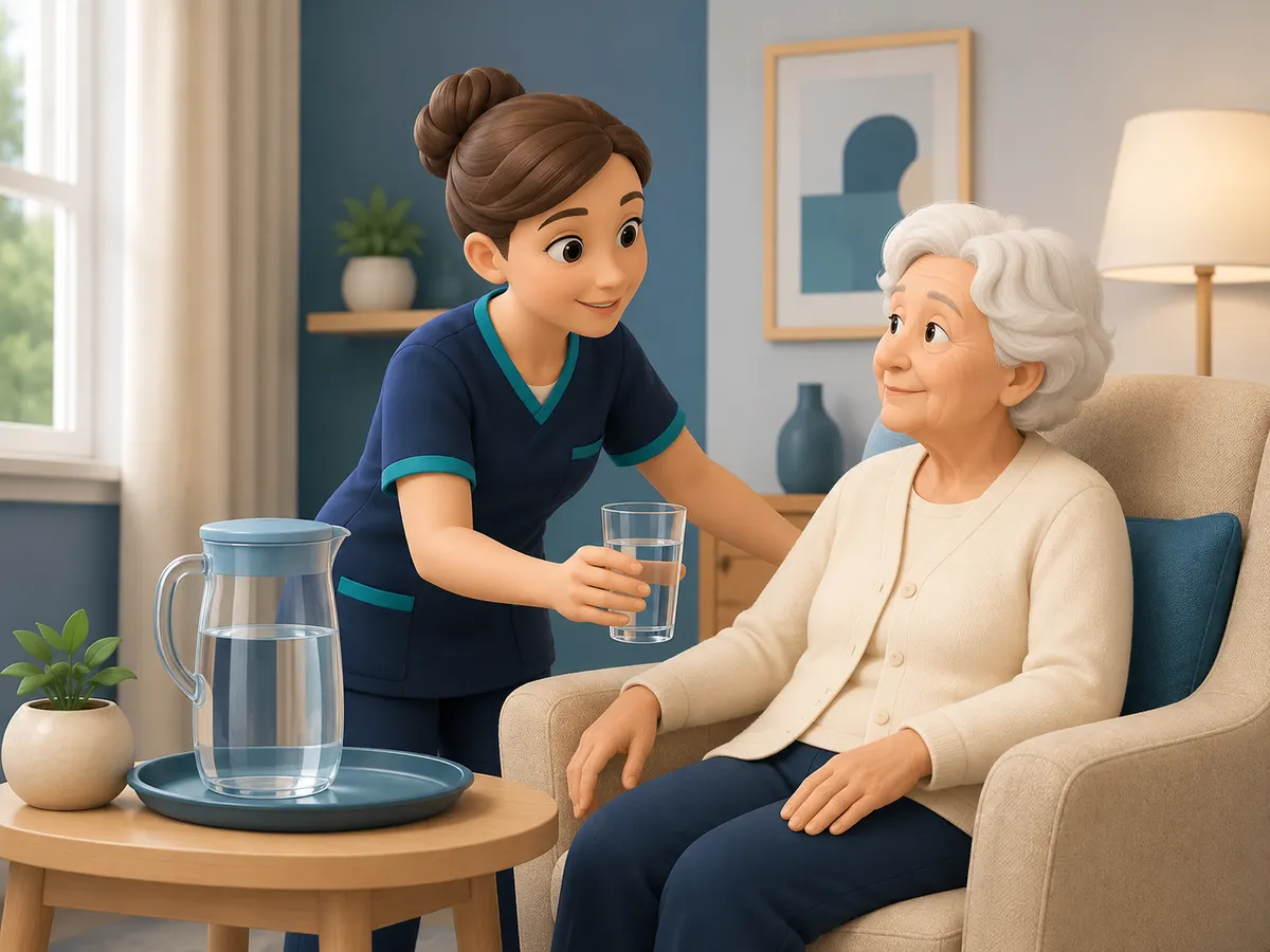 A full glass of water is handed directly to the client in her armchair, rather than left on a table out of easy reach.