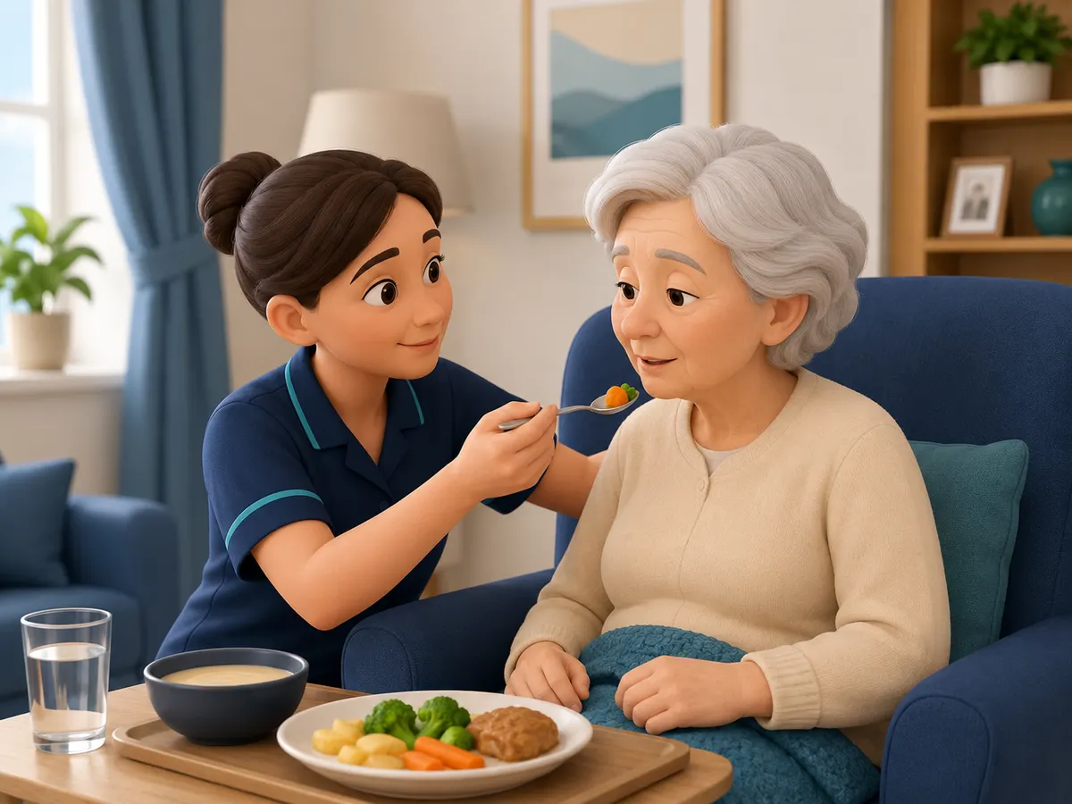 Each spoonful is offered slowly while the carer watches the client's face rather than the plate.