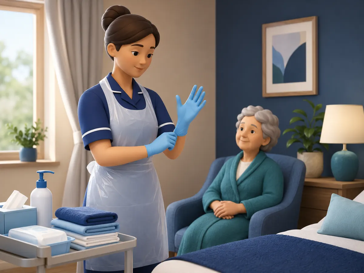 A fresh apron goes on over the uniform and a glove is eased into place, the warmth of the visit carrying on exactly as before.