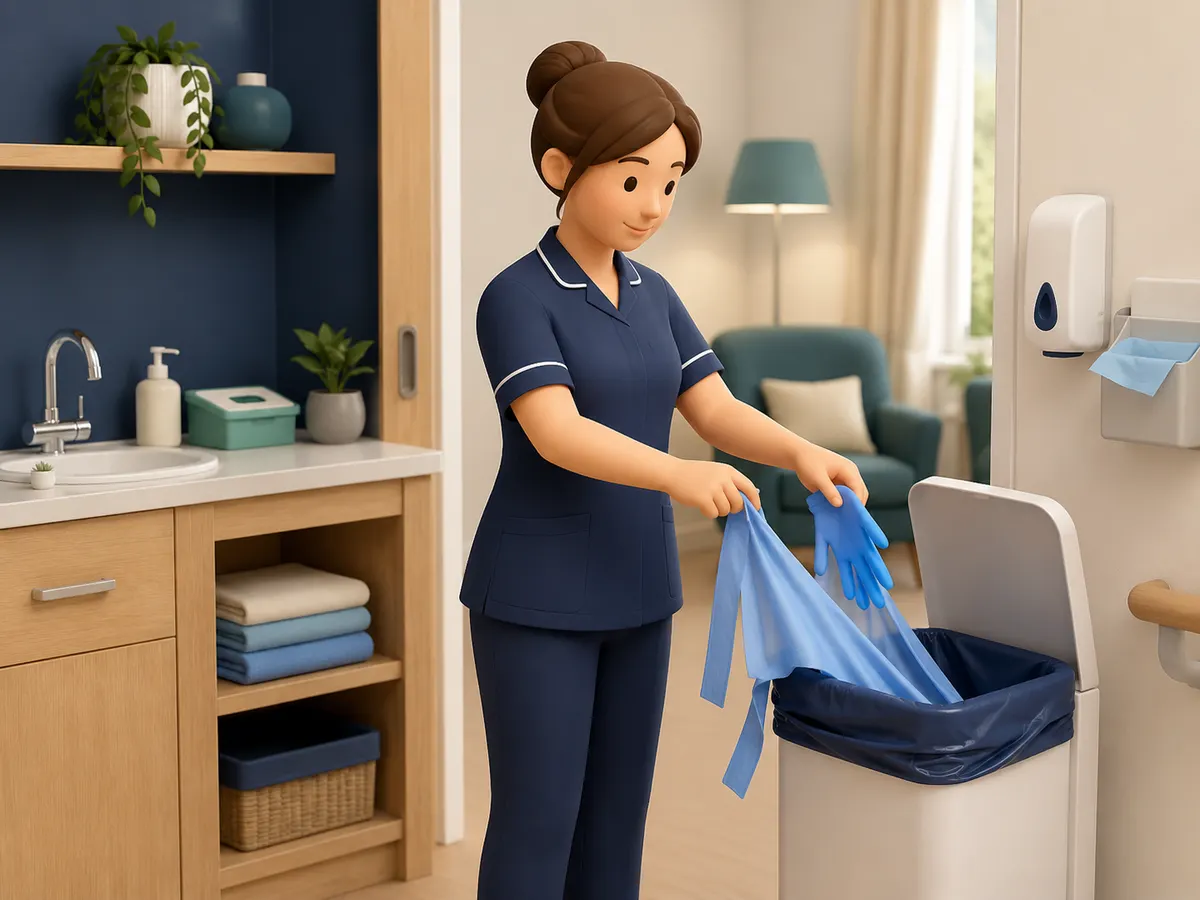 Each glove is peeled off inside out, dirty surface folded within, before the apron is broken at the neck and everything drops straight into the bin.