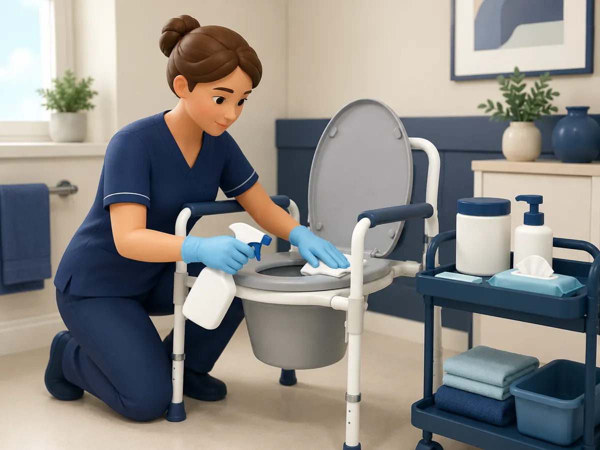 Kneeling on the bathroom floor, gloved hands spray and wipe every surface of the commode — armrests and frame included, not just the seat.