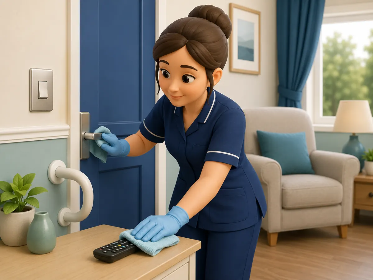 A gloved hand wipes the door handle, then moves on to the television remote — two of the most frequently touched surfaces in any home.