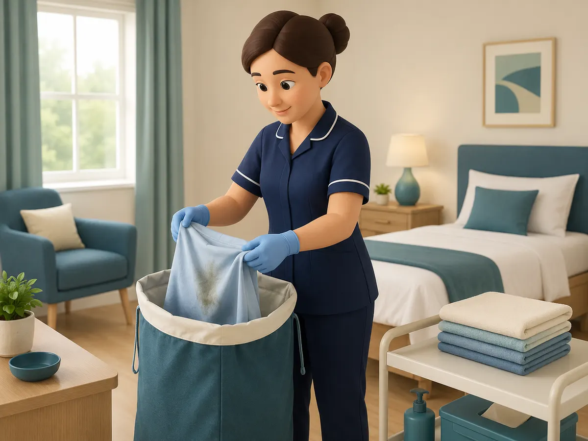 A soiled garment is lowered, not shaken, straight into its own laundry bag, kept well apart from the clean towels nearby.