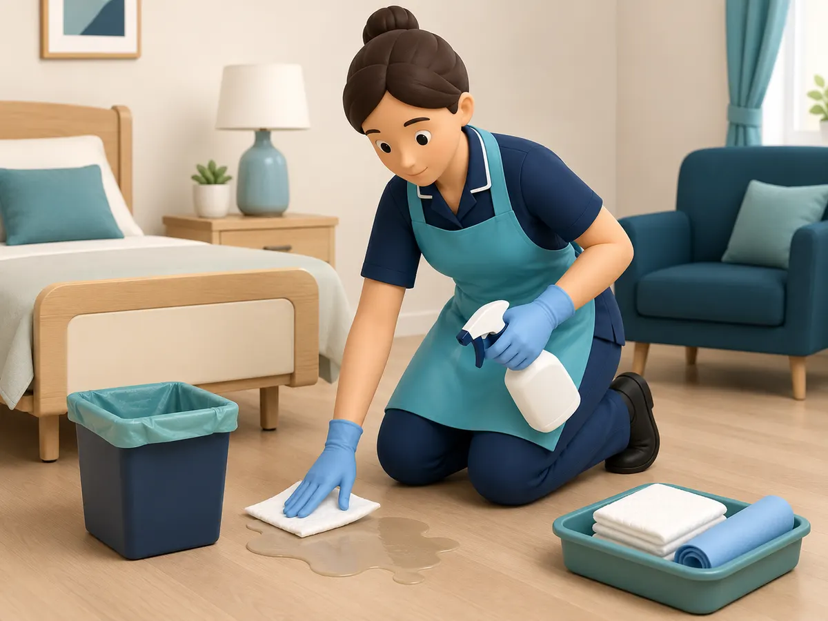 Kneeling to deal with a spill straightaway, the carer sprays, wipes and checks the floor is properly dry before anyone crosses it.