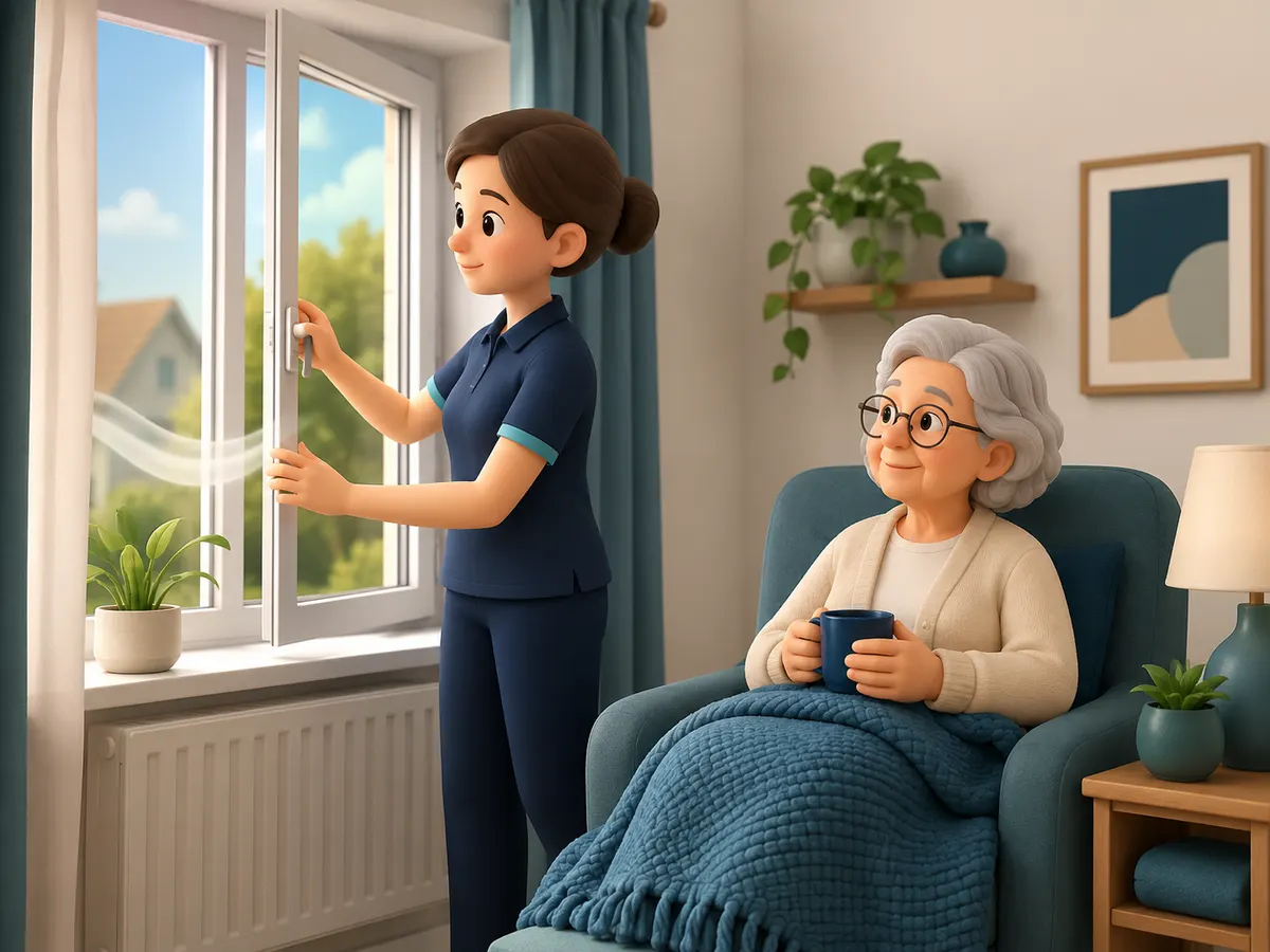 A window is opened just enough to lift the curtain, while the client stays warm nearby with a blanket and something hot to drink.