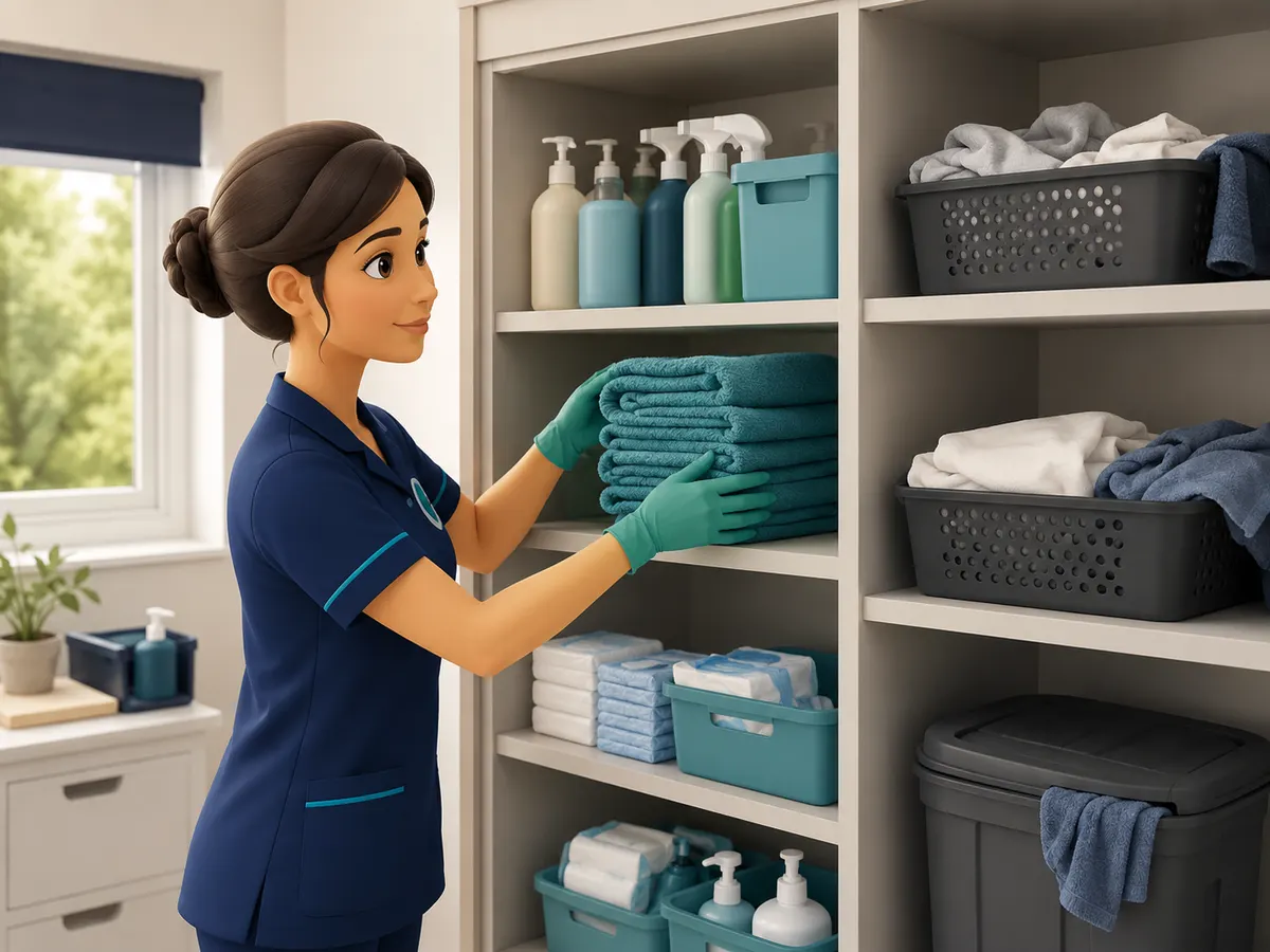 Clean towels sit lifted from an organised shelf, with separate baskets for clean linen kept well apart from anything used.