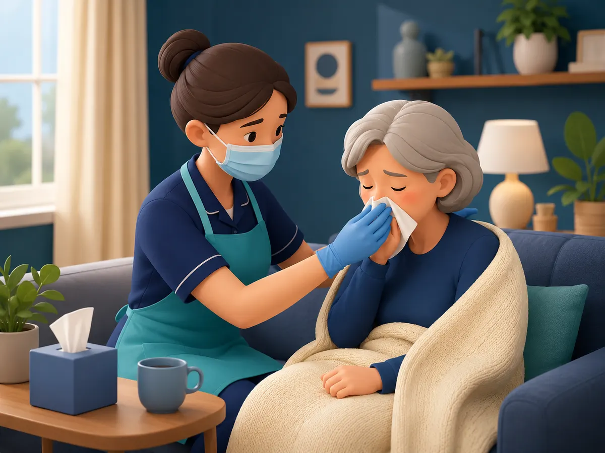 Wearing a mask and gloves, the carer stays just as close, holding a tissue gently for a client who isn't feeling well.