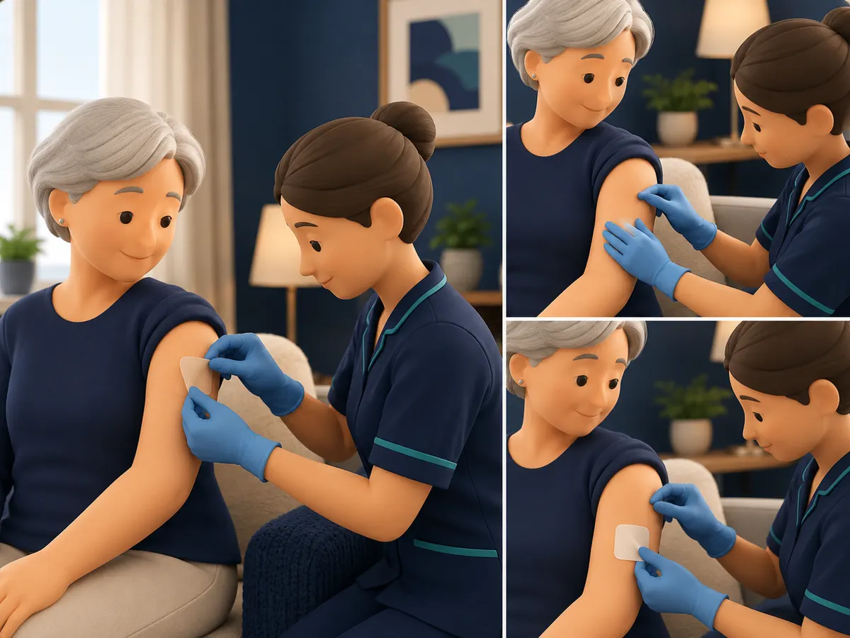 Pressed and smoothed firmly onto clean, dry skin so it stays in full contact — and always applied with gloved hands.