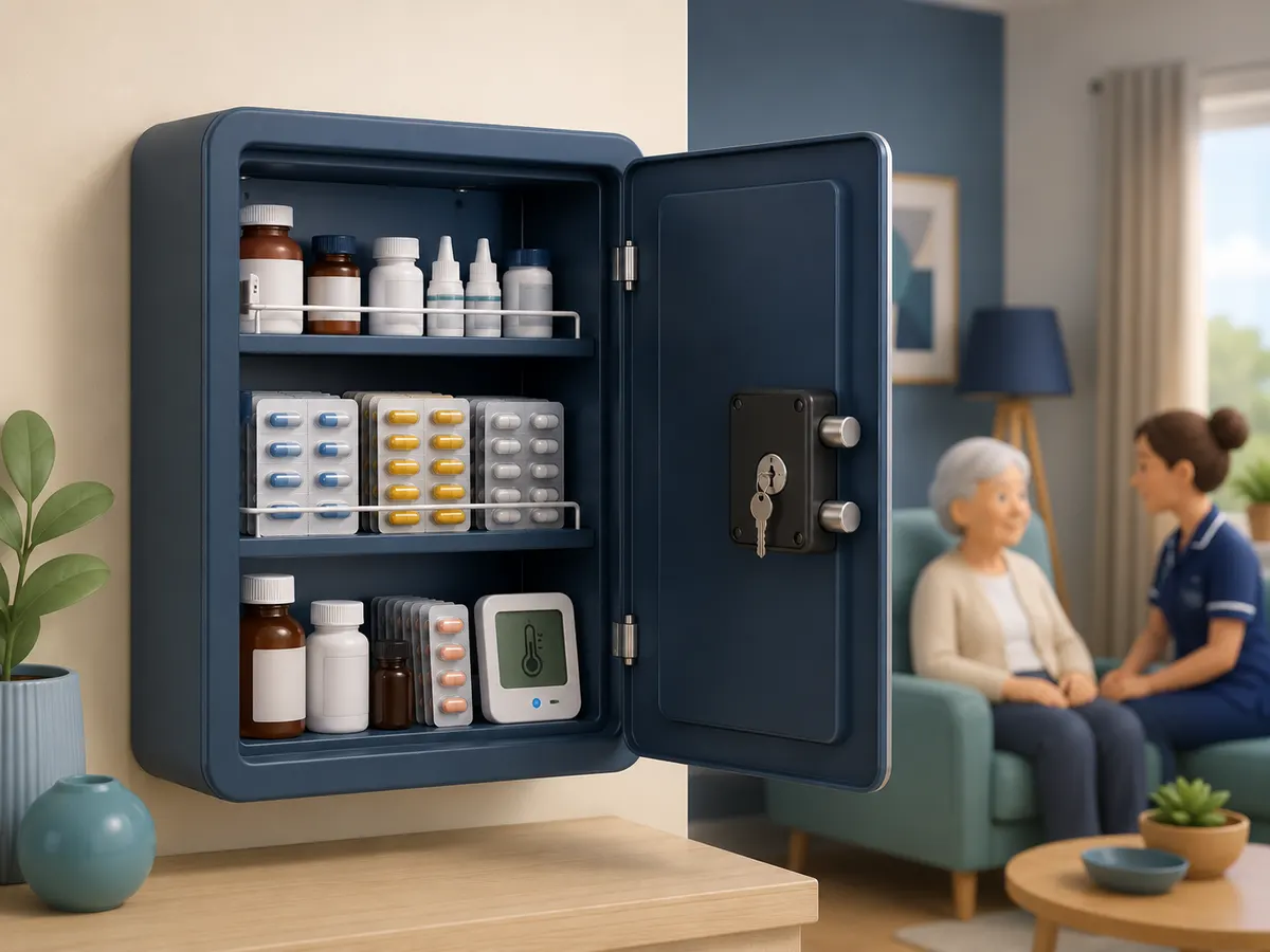 Bottles, drops, blister packs and capsules sorted and labelled, the cabinet's own key kept secure — organised so that anything missing would be obvious at a glance.