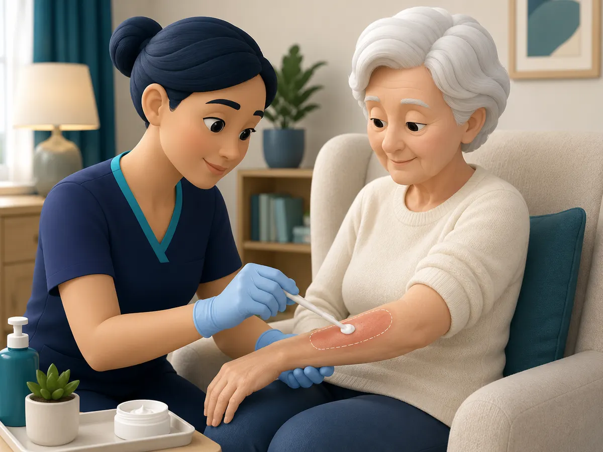 Applied only within the area the care plan specifies, using a swab or gloved hand — never spread more widely because it seems close enough.