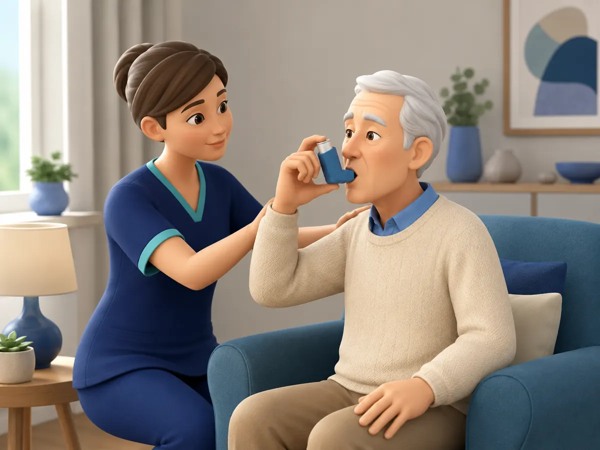 The person holds their own inhaler wherever they're able; the carer supports the technique, not the device itself.