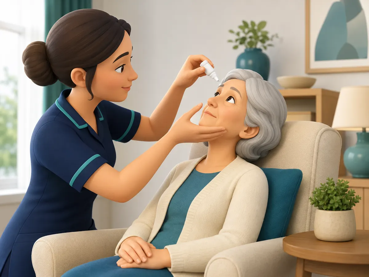 A gentle hand at the chin guides the angle; the drop itself falls from a short distance above, never from a bottle touching the eye.